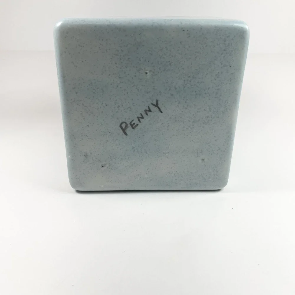 Vintage Ceramic Pale Blue Spackle Lidded Cookie Jar  Winter Small Town Picture